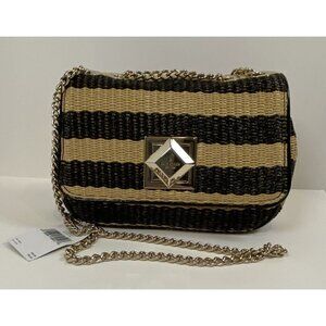 Kate Spade Stripe Straw Handbag Purse Crossbody Chain Black Tan